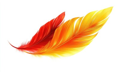 Vibrant red and gold feathers on white background