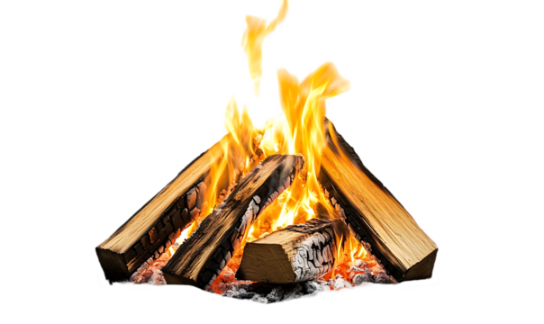 Burning wood logs in a campfire, isolated, vibrant flames, outdoor