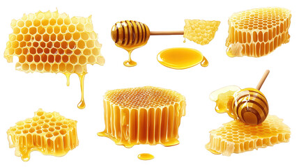 various forms of honey and honeycomb. highlighting their golden hues and sticky textures it emphasizes the natural beauty and versatility of honey. often used as a sweetener and in culinary applicatio