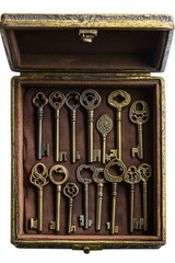 Antique keys in decorative box, top view, secrets inside