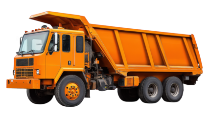 n orange dump truck. designed for transporting and unloading materials like gravel. sand. or construction debris its large. open bed can be tilted to facilitate easy dumping. making it essential for c