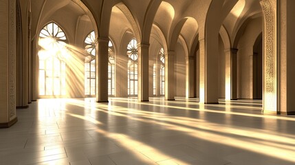 Ethereal Light Streaming Through Arched Windows in Spacious Hall