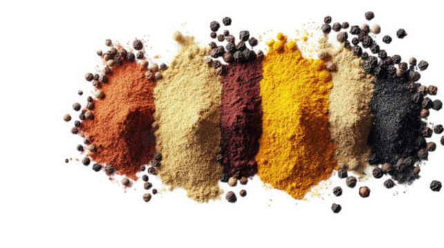 a vibrant array of spices arranged in mounds. including shades of red. yellow. brown. and black. accompanied by whole peppercorns this visually appealing composition highlights the diversity and richn