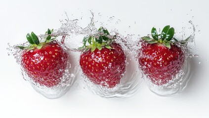 Fresh Strawberries Splashing on White Surface