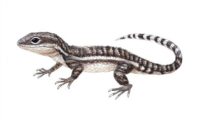 Naklejka premium Detailed illustration of a lizard in a natural pose, showcasing its textured skin and striped tail