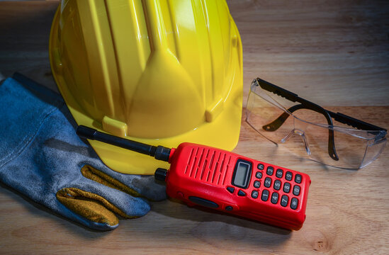 Safety gear kit close up on wood table