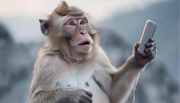 Monkey Selfie: A curious macaque monkey holds a phone, taking a selfie with a surprised expression, blurring the lines between nature and technology. 