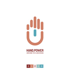 Hand Power Logo Design. Unique modern tech companies logomark with finger hand and power button combined, produces a distinctive and simple visual appearance. Editable graphic resources.