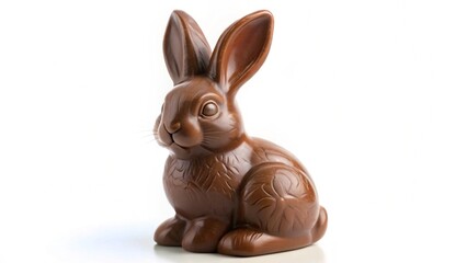 Melted chocolate Easter bunny on pastel white background.