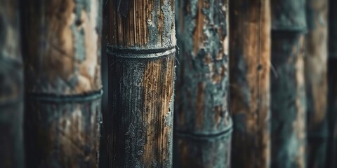 Naklejka premium Vintage bamboo wall texture with rain and dews, perfect for interior design, jungle homes, or eco-friendly spaces. Natural, rustic, and detailed.