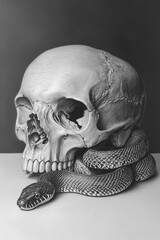Skull and Snake  Monochrome Drawing  Still Life Art