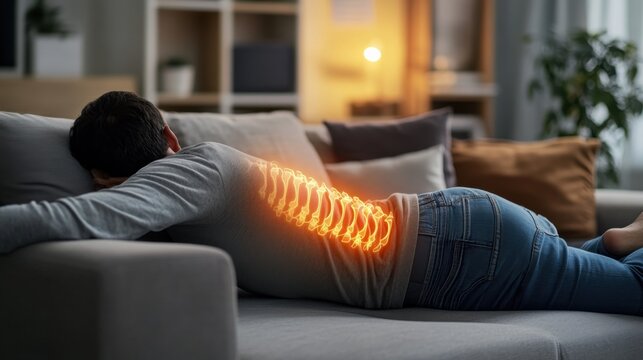 Chronic back pain illustrated by a person lying on a sofa with a supportive lumbar pillow. Featuring relaxation methods