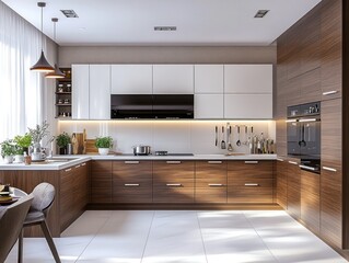 Modern kitchen design with wooden cabinets, white countertops, and stainless steel appliances.