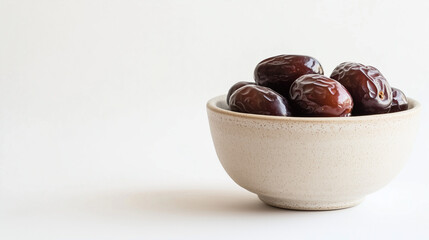 Obraz premium Traditional ceramic bowl with fresh dates on minimalist white background with copy space