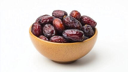 Traditional ceramic bowl with fresh dates on minimalist white background with copy space