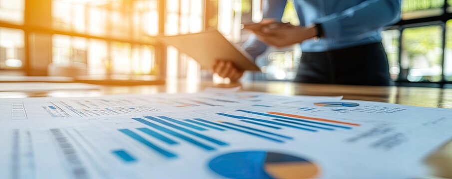 A business professional analyzes reports with graphs and charts on a table, using a tablet, in a bright office space.