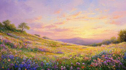 Obraz premium Enchanting dawn landscape with solitary tree overlooking misty mountain vista and wildflower meadow