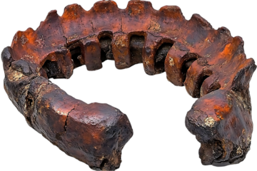 Ancient fossilized jawbone, archaeological specimen, showing texture and detail