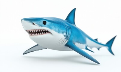 Naklejka premium Realistic depiction of a great white shark swimming against a plain white background, showcasing its features