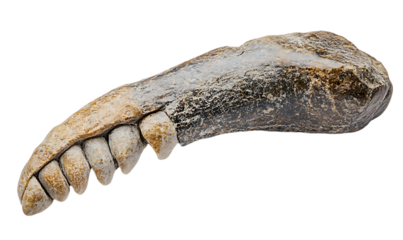 Fossil mammal jaw with teeth, isolated, studio shot. Possible use Educational material or scientific illustration