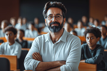 Fototapeta premium A flat vector illustration of a teacher standing in front of a blackboard in a classroom full of students, with minimalistic design and smooth lines.