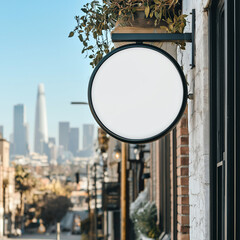 街角に佇む、シンプルな白い円形看板