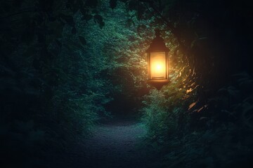 Dark forest path with glowing lantern. Perfect for fantasy, mystery, or adventure themes.
