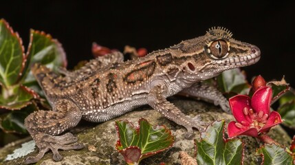Naklejka premium view of a gecko on a rock at night decorated with the moon and grass