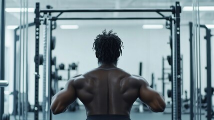 Naklejka premium Chronic back pain management through strength training exercises in a gym. Featuring muscle building and pain relief