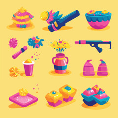 Icon Set of Holi Festival Elements Colors, Water Guns, and Garlands, Holi