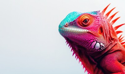 Fototapeta premium Vibrant close-up of a colorful iguana against a light background, showcasing its unique features
