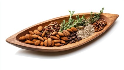 Naklejka premium Wooden bowl filled with nuts and spices on white background