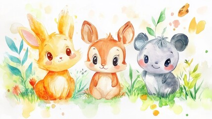 Cute cartoon animals,  adorable rabbits, deer, and bear, sitting in a grassy meadow,  bright watercolor style illustration,  childish.
