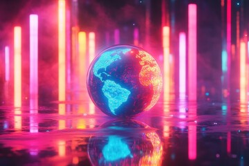 Neon-lit globe with vibrant colors, reflects futuristic themes. Ideal for tech, global, or connection concepts, evokes energy and innovation.
