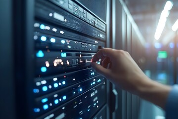 Hand interacting with server rack, data center