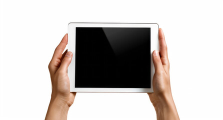 A pair of hands holding an tablet with a blank screen on a white background.