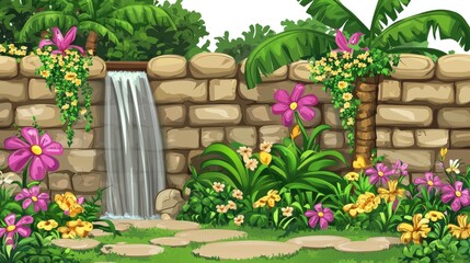 Fototapeta premium Tropical Garden Waterfall, Stone Wall, Lush Plants