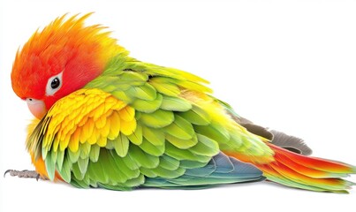 Obraz premium Vibrant parrot resting on a branch, showcasing its colorful plumage against a white background