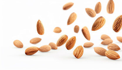 Falling fresh almonds isolated on a white background with a clipping path.