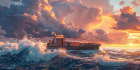 A cargo ship with containers navigating through ocean waves, featuring dramatic sky and realistic details.
