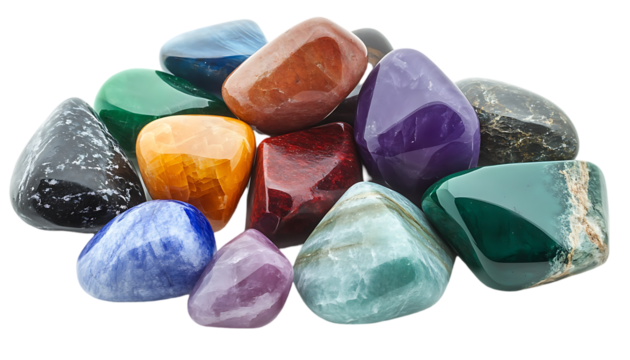 Colorful tumbled gemstones, various types, close-up view. Use for gemstone jewelry or spiritual/healing imagery