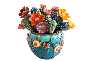 Colorful cactus bouquet in decorated pot