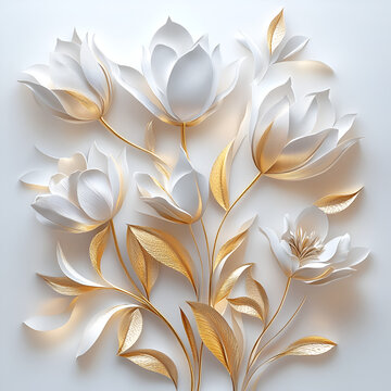 
A bouquet of white and gold flowers, tulips, on a white background, using paper carving, macro photography, and Chinese painting styles, with exquisite details, golden tones, delicate texture, elegan