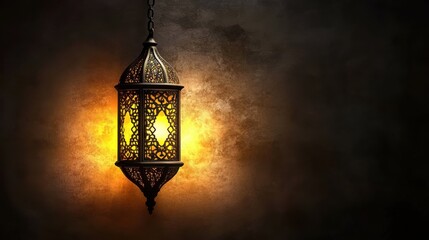 Ornate Lantern Hanging Against a Dark Textured Wall with Glow