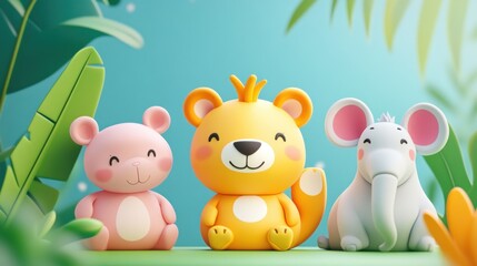 Naklejka premium Cute cartoon animals, a bear, a lion, and an elephant, sitting together in a tropical garden setting.