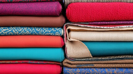 Colorful Textiles Stacked Neatly in Various Fabrics and Patterns