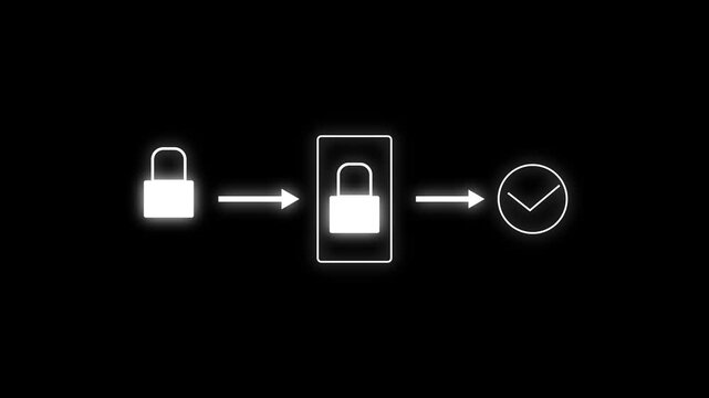 Neon Tow Multi factor, two steps authentication icon animation on black background.