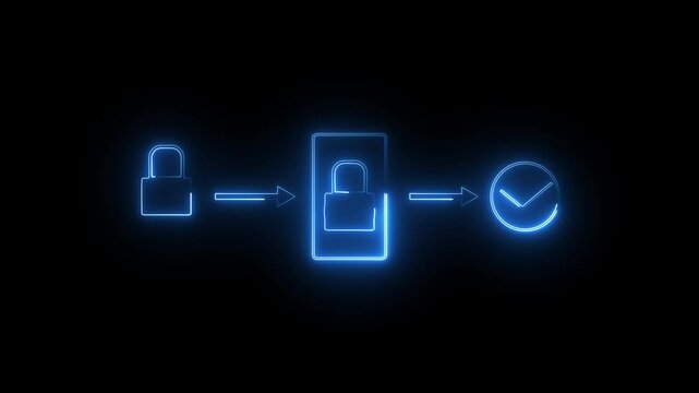 Neon Tow Multi factor, two steps authentication icon animation on black background.