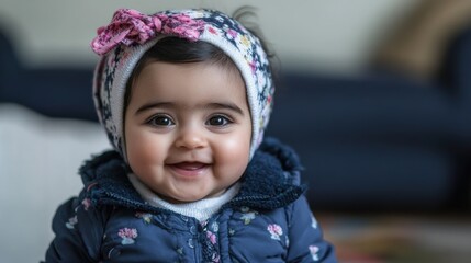 Adorable baby girl with big eyes wearing a cozy winter outfit