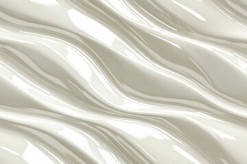 Fototapeta premium A smooth, wavy texture in a light cream color, resembling glossy fabric or liquid. The surface reflects light, creating a dynamic and fluid appearance.